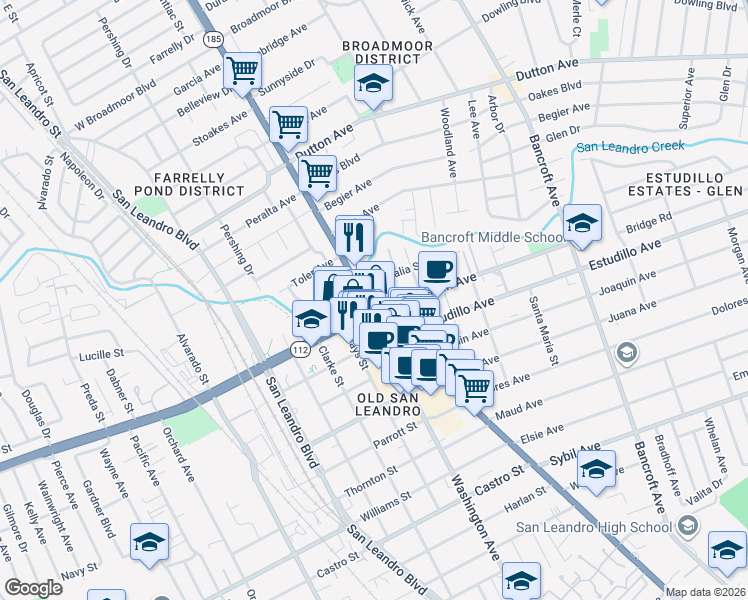 map of restaurants, bars, coffee shops, grocery stores, and more near 100 Callan Avenue in San Leandro