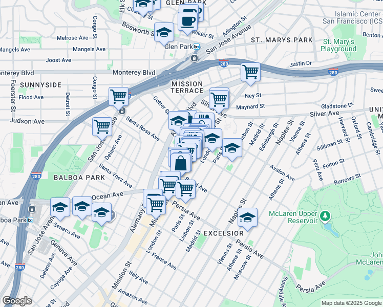 map of restaurants, bars, coffee shops, grocery stores, and more near 25 Francis Street in San Francisco