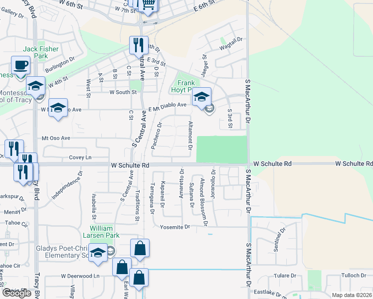 map of restaurants, bars, coffee shops, grocery stores, and more near 270 Arroyo Hondo Circle in Tracy
