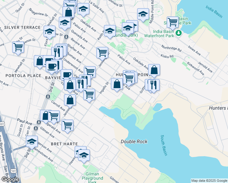 map of restaurants, bars, coffee shops, grocery stores, and more near 1235 Thomas Avenue in San Francisco