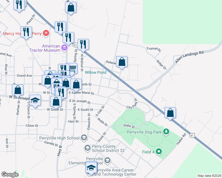 map of restaurants, bars, coffee shops, grocery stores, and more near 203 Smith Street in Perryville