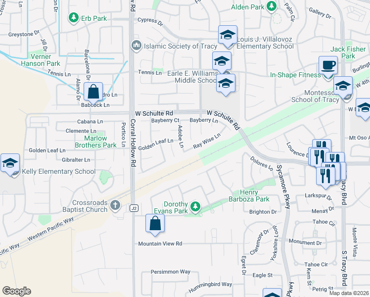 map of restaurants, bars, coffee shops, grocery stores, and more near 305 Adobe Lane in Tracy