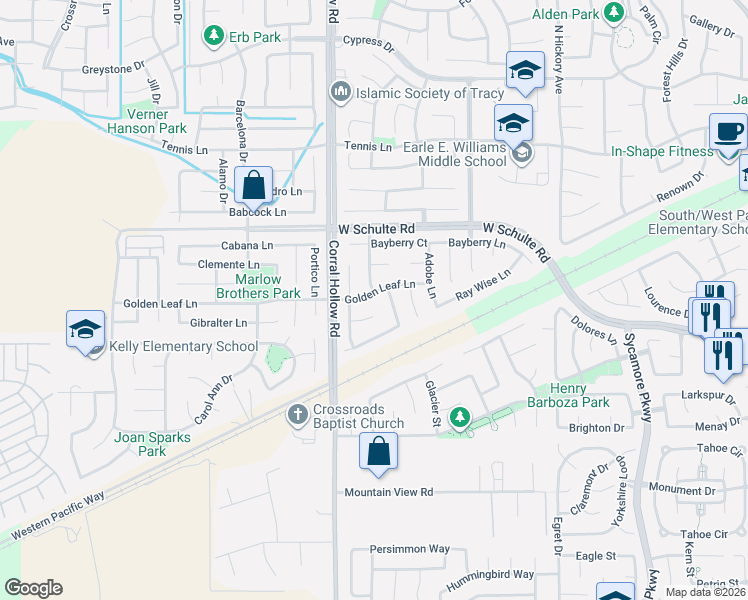 map of restaurants, bars, coffee shops, grocery stores, and more near 280 Edgewood Court in Tracy
