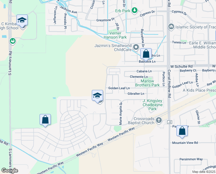 map of restaurants, bars, coffee shops, grocery stores, and more near 254 "Patrick McCaffrey Sr Avenue in Tracy