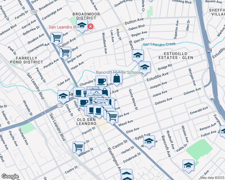 map of restaurants, bars, coffee shops, grocery stores, and more near 370 Estudillo Avenue in San Leandro