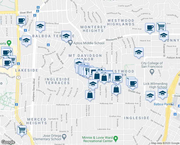 map of restaurants, bars, coffee shops, grocery stores, and more near 304-306 Dorado Terrace in San Francisco