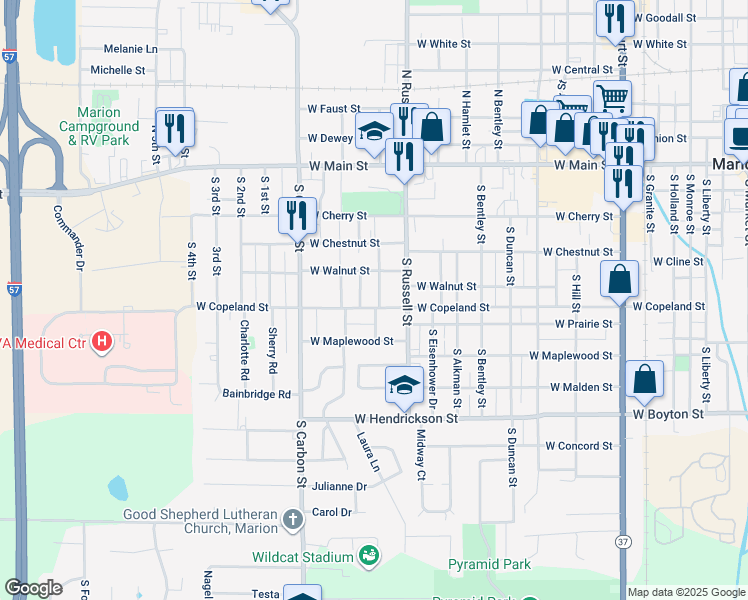map of restaurants, bars, coffee shops, grocery stores, and more near 502 South Dayton Street in Marion