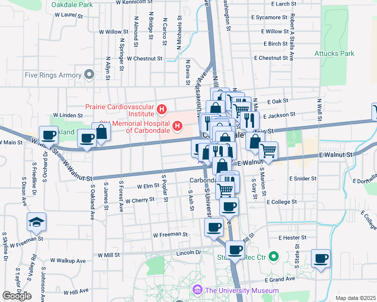 map of restaurants, bars, coffee shops, grocery stores, and more near 312 West Monroe Street in Carbondale