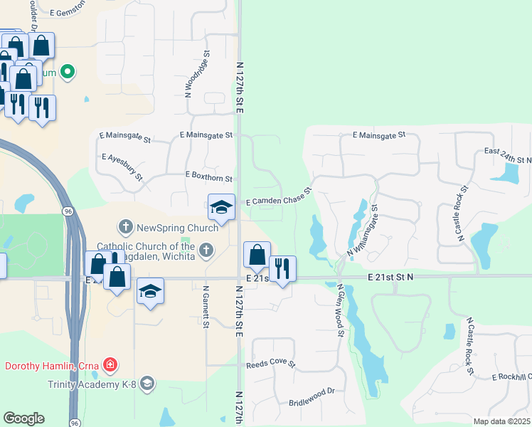 map of restaurants, bars, coffee shops, grocery stores, and more near 13121 East Camden Chase Street in Wichita