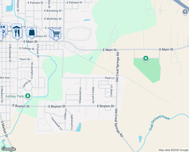 map of restaurants, bars, coffee shops, grocery stores, and more near 1800 Park Lane in Marion