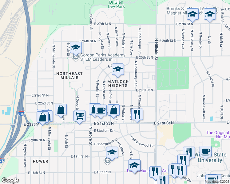 map of restaurants, bars, coffee shops, grocery stores, and more near 2402 North Prince Street in Wichita
