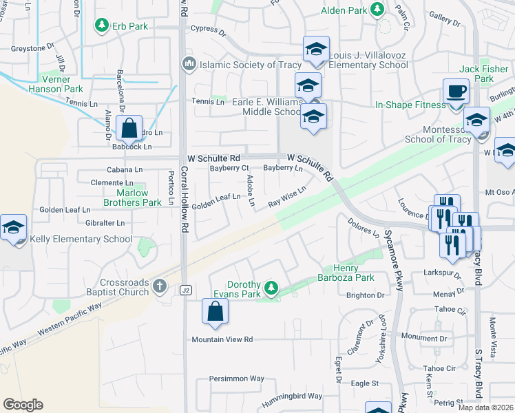 map of restaurants, bars, coffee shops, grocery stores, and more near 305 Adobe Lane in Tracy
