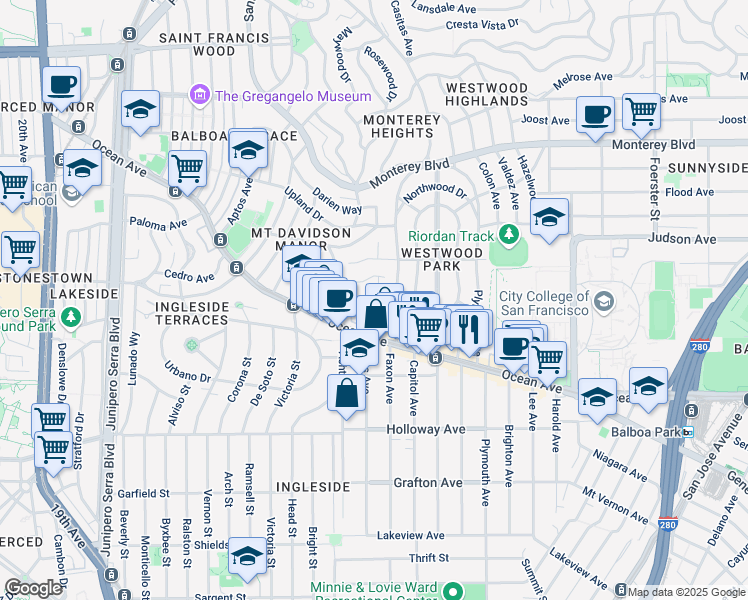 map of restaurants, bars, coffee shops, grocery stores, and more near 306 Dorado Terrace in San Francisco