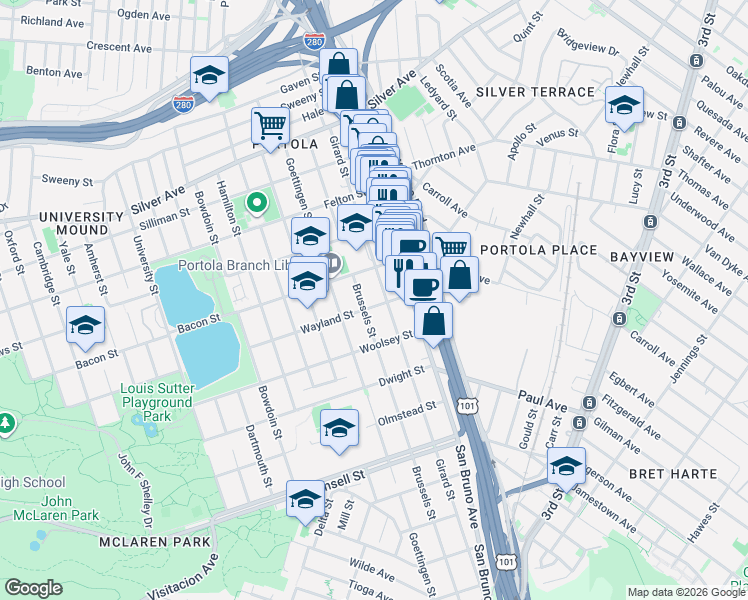 map of restaurants, bars, coffee shops, grocery stores, and more near 468 Girard Street in San Francisco