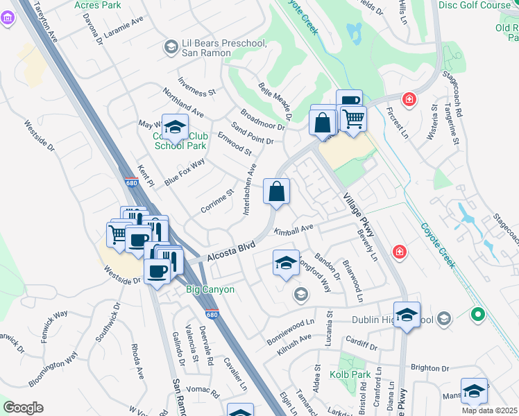 map of restaurants, bars, coffee shops, grocery stores, and more near 9005 Alcosta Boulevard in San Ramon