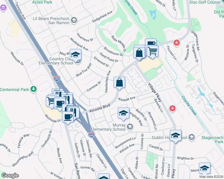 map of restaurants, bars, coffee shops, grocery stores, and more near 9025 Alcosta Boulevard in San Ramon