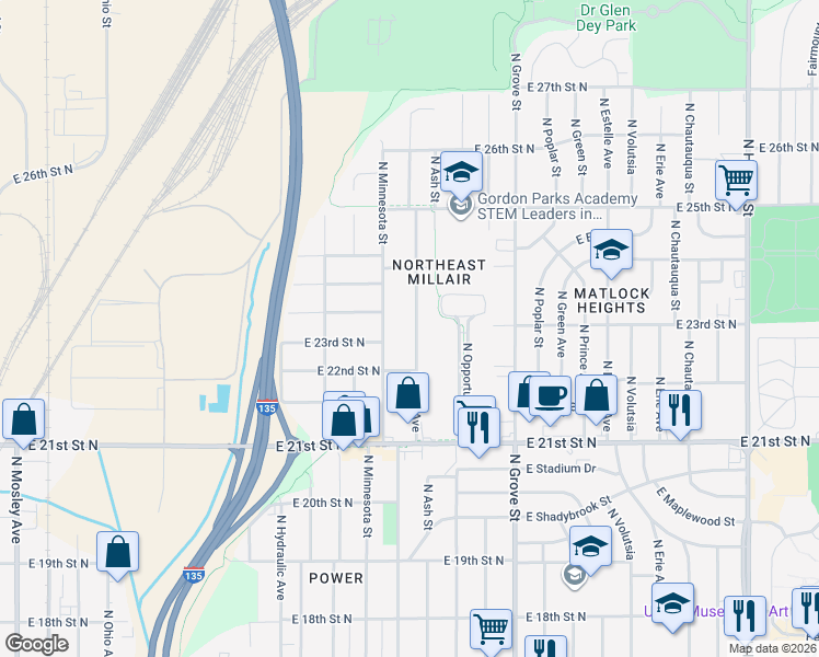 map of restaurants, bars, coffee shops, grocery stores, and more near 2407 North Piatt Avenue in Wichita