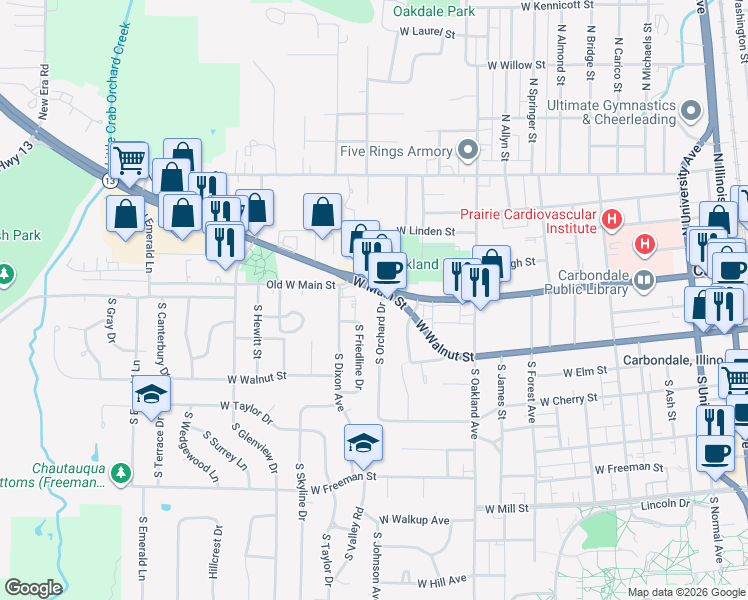map of restaurants, bars, coffee shops, grocery stores, and more near 1201 West Main Street in Carbondale