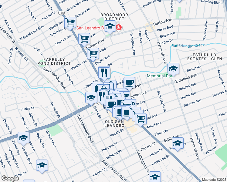 map of restaurants, bars, coffee shops, grocery stores, and more near in San Leandro