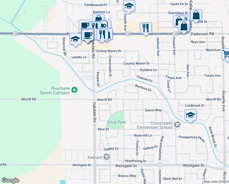 map of restaurants, bars, coffee shops, grocery stores, and more near 2238 Lenay Way in Riverbank