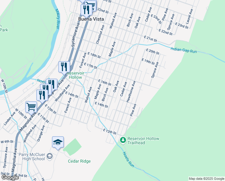 map of restaurants, bars, coffee shops, grocery stores, and more near 1500-1566 Birch Avenue in Buena Vista