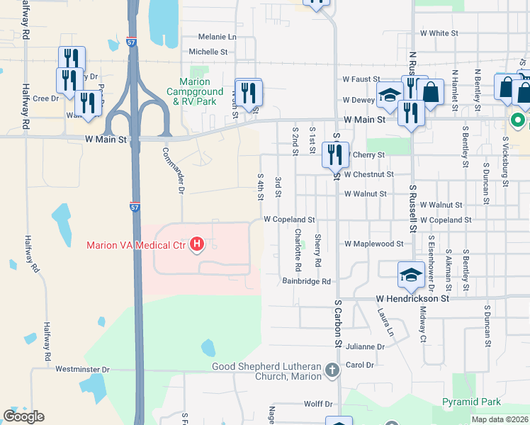 map of restaurants, bars, coffee shops, grocery stores, and more near 333 South 4th Street in Marion