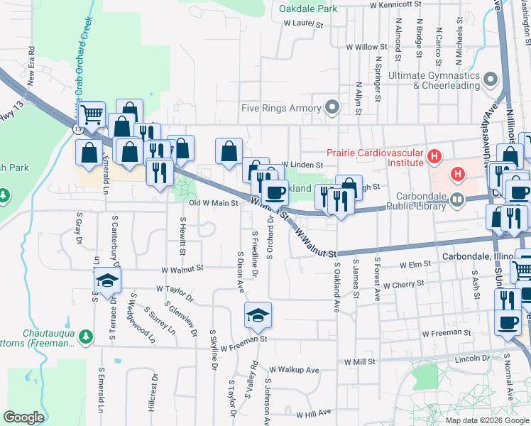 map of restaurants, bars, coffee shops, grocery stores, and more near 1201 West Main Street in Carbondale