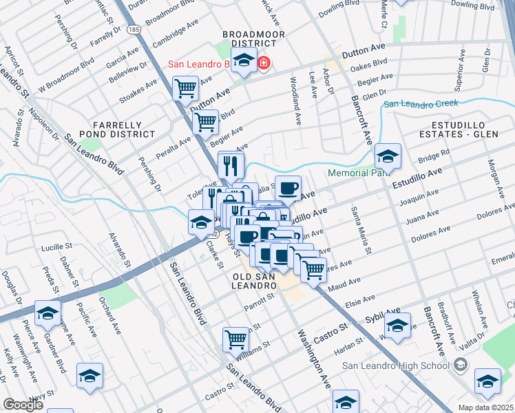 map of restaurants, bars, coffee shops, grocery stores, and more near 132 Callan Avenue in San Leandro