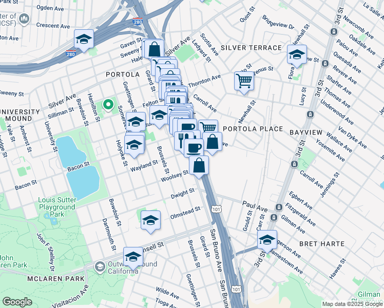 map of restaurants, bars, coffee shops, grocery stores, and more near 98 Wayland Street in San Francisco