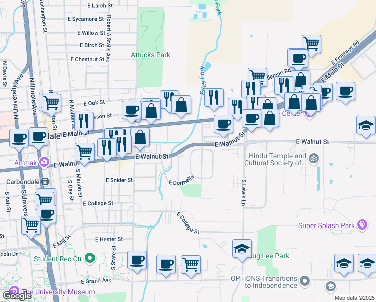 map of restaurants, bars, coffee shops, grocery stores, and more near 300-304 East Lynda Drive in Carbondale