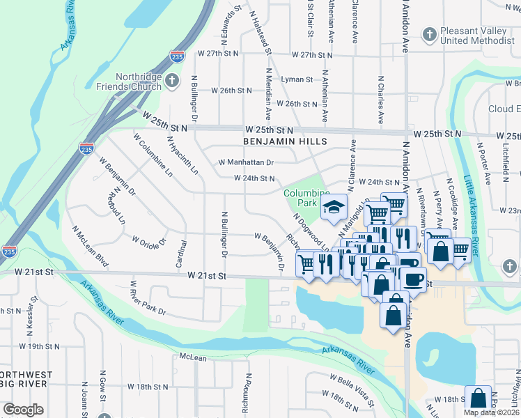 map of restaurants, bars, coffee shops, grocery stores, and more near 2374 N Richmond Ave in Wichita