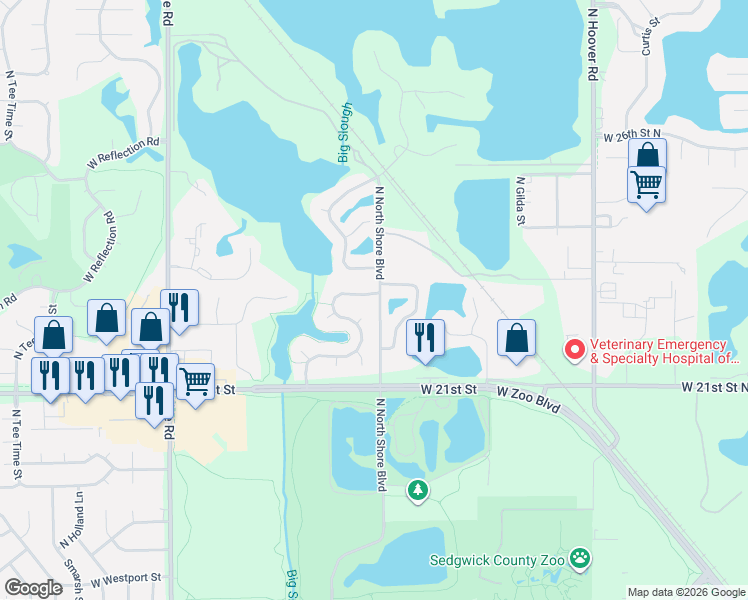 map of restaurants, bars, coffee shops, grocery stores, and more near 2362 North Sandplum Street in Wichita