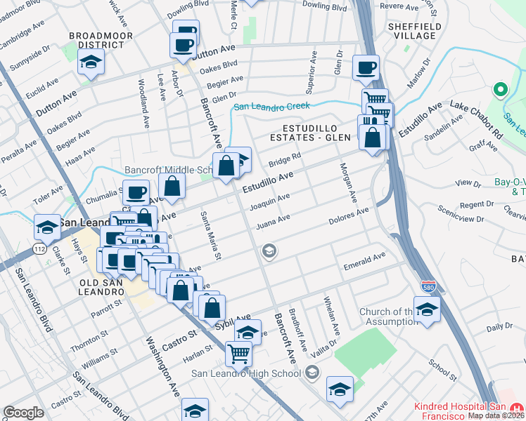 map of restaurants, bars, coffee shops, grocery stores, and more near 655 Joaquin Avenue in San Leandro