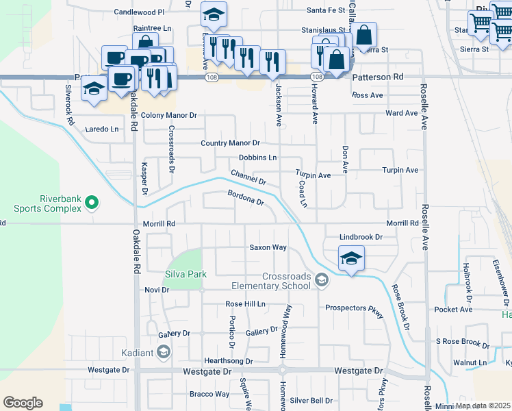 map of restaurants, bars, coffee shops, grocery stores, and more near 6018 Ditman Circle in Riverbank