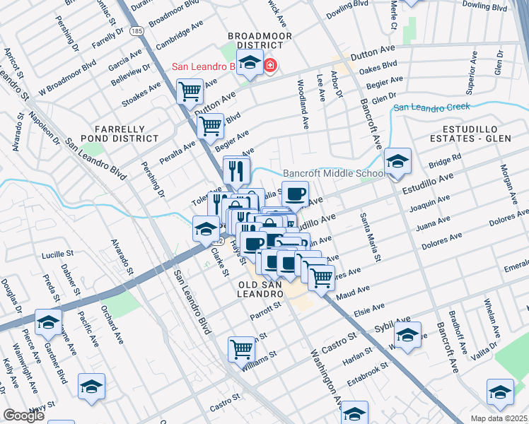 map of restaurants, bars, coffee shops, grocery stores, and more near 100 Callan Avenue in San Leandro