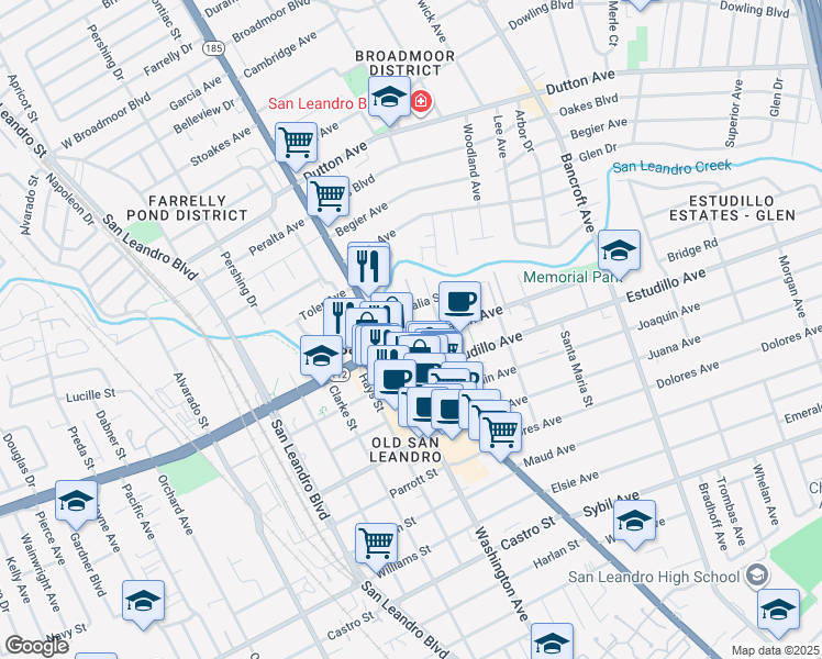 map of restaurants, bars, coffee shops, grocery stores, and more near 132 Callan Avenue in San Leandro