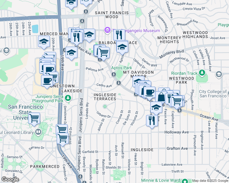 map of restaurants, bars, coffee shops, grocery stores, and more near 45 Cerritos Avenue in San Francisco