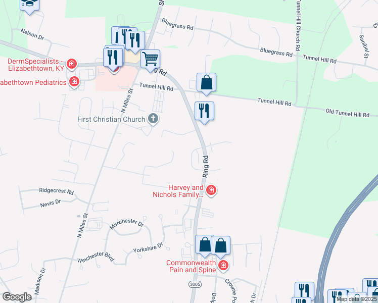 map of restaurants, bars, coffee shops, grocery stores, and more near 1316 Farmingdale Drive in Elizabethtown