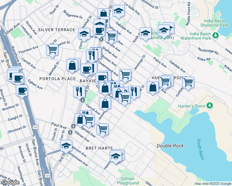 map of restaurants, bars, coffee shops, grocery stores, and more near 2200 Jennings Street in San Francisco