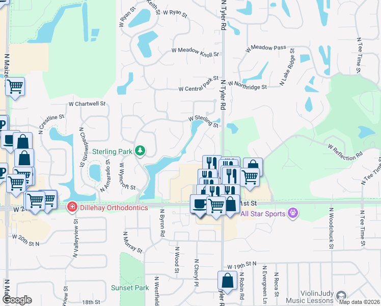 map of restaurants, bars, coffee shops, grocery stores, and more near 2329 North Baytree Street in Wichita