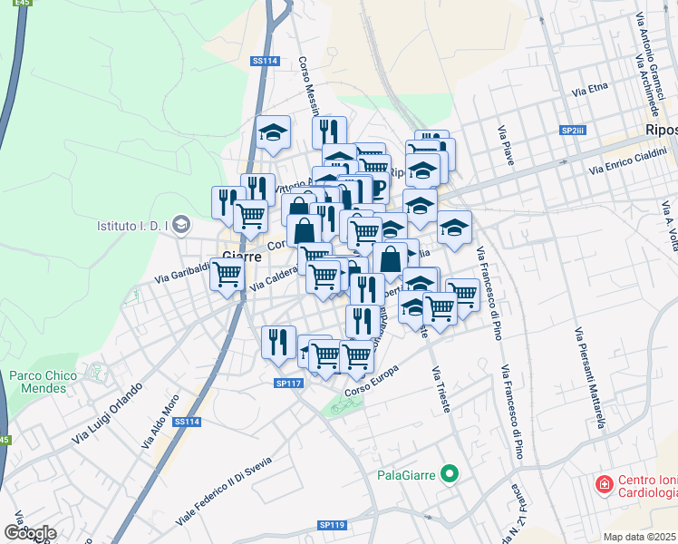 map of restaurants, bars, coffee shops, grocery stores, and more near 30 Via Alessandro Manzoni in Giarre