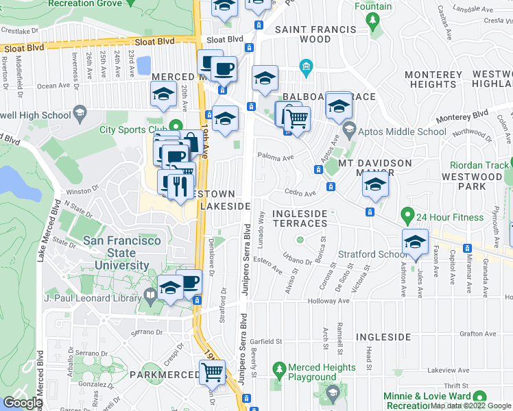 map of restaurants, bars, coffee shops, grocery stores, and more near 195 Lunado Way in San Francisco