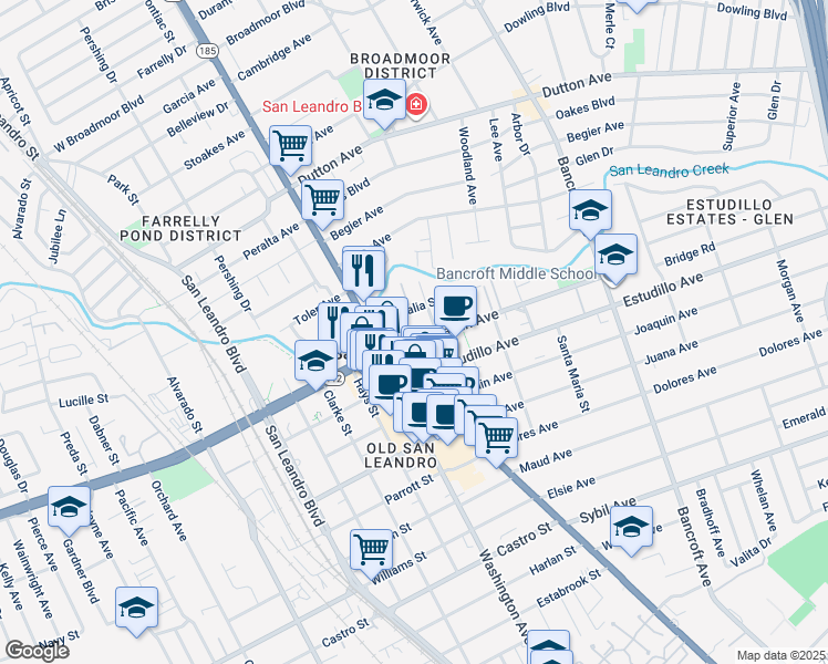 map of restaurants, bars, coffee shops, grocery stores, and more near 132 Callan Avenue in San Leandro
