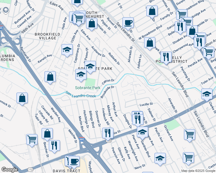 map of restaurants, bars, coffee shops, grocery stores, and more near 1368 Brookside Drive in San Leandro
