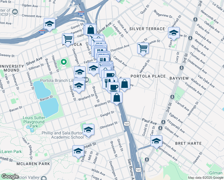 map of restaurants, bars, coffee shops, grocery stores, and more near 98 Wayland Street in San Francisco