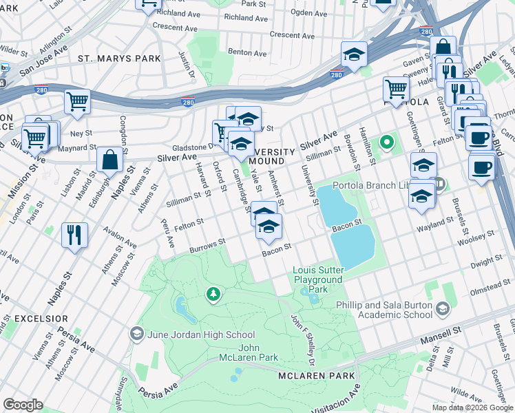 map of restaurants, bars, coffee shops, grocery stores, and more near 1337 Felton Street in San Francisco