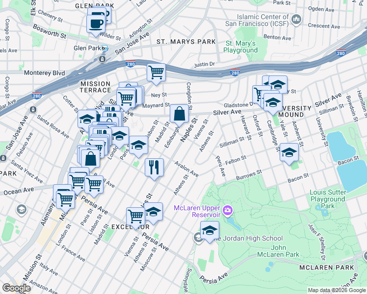 map of restaurants, bars, coffee shops, grocery stores, and more near 136 Naples Street in San Francisco