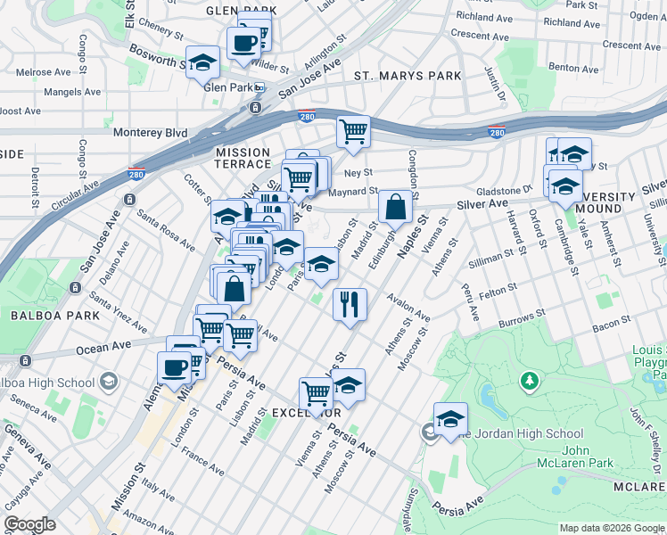 map of restaurants, bars, coffee shops, grocery stores, and more near in San Francisco