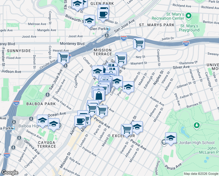 map of restaurants, bars, coffee shops, grocery stores, and more near 4475 Mission Street in San Francisco
