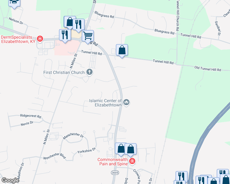 map of restaurants, bars, coffee shops, grocery stores, and more near 1313A Farmingdale Drive in Elizabethtown